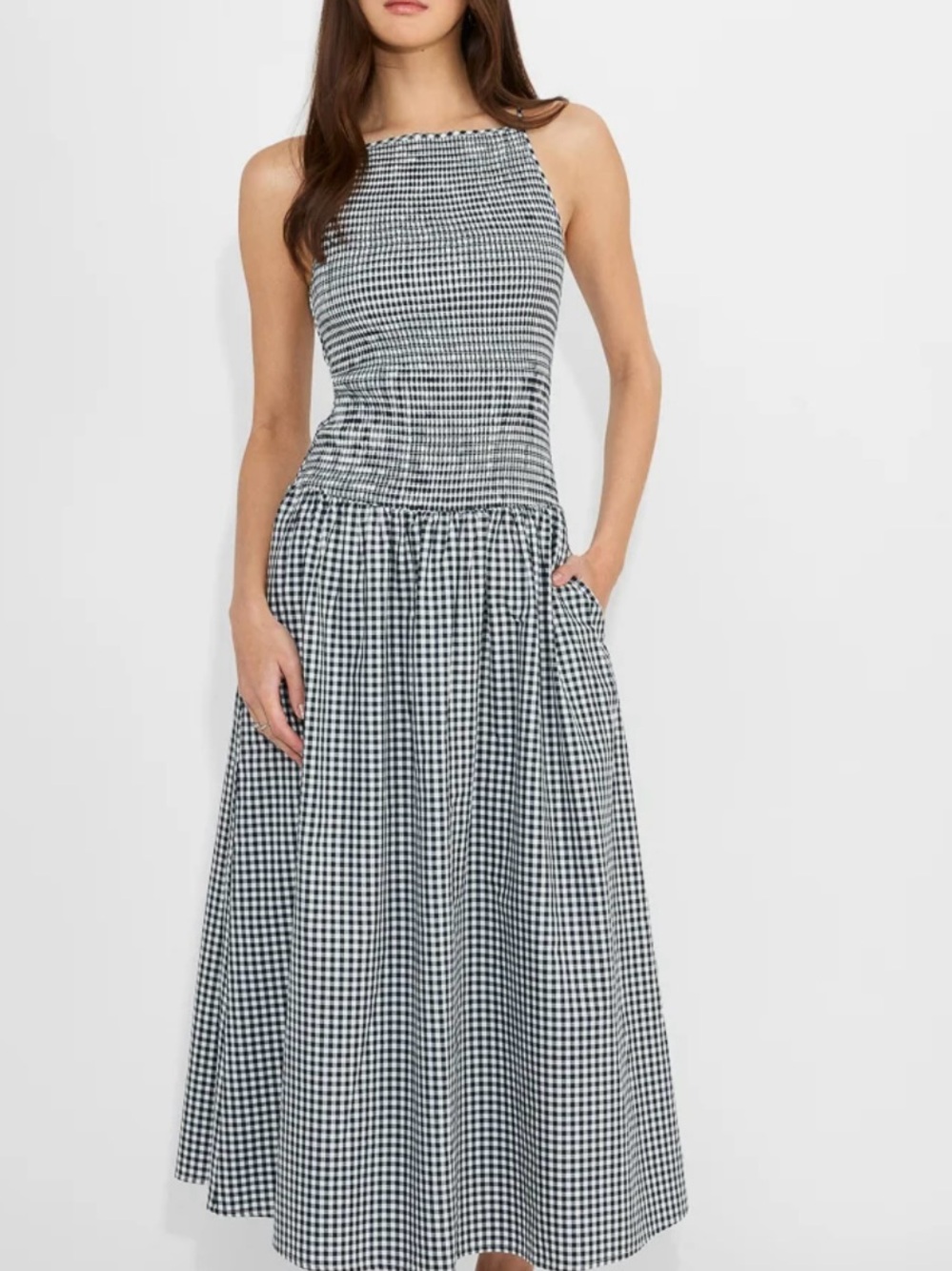 NWT JustFab blue White Gingham Smocked Midi Dress S Pockets